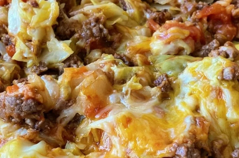 Low carb cabbage roll skillet with ground meat and cabbage in a pan.