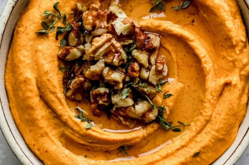 Creamy Pumpkin Feta Dip served in a bowl with crackers