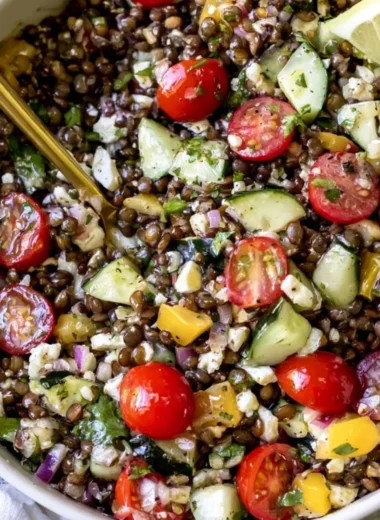 Delicious Lentil Salad with Lemony Vinaigrette in a bowl featuring vibrant, fresh ingredients.