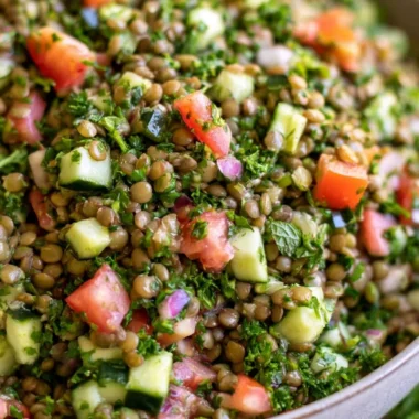 A vibrant bowl of lentil tabbouleh with fresh herbs and vegetables, served with pita bread.