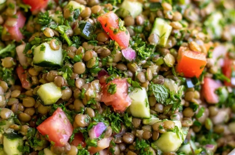 A vibrant bowl of lentil tabbouleh with fresh herbs and vegetables, served with pita bread.